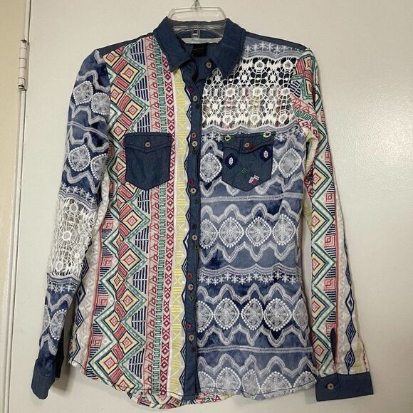 DESIGUAL Geometric multicolor denim button down Shirt size US M EUR L - Picture 1 of 8
